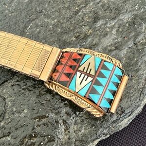 Vintage 14K Gold Native American Zuni Watch Tips Artist Signed Walley